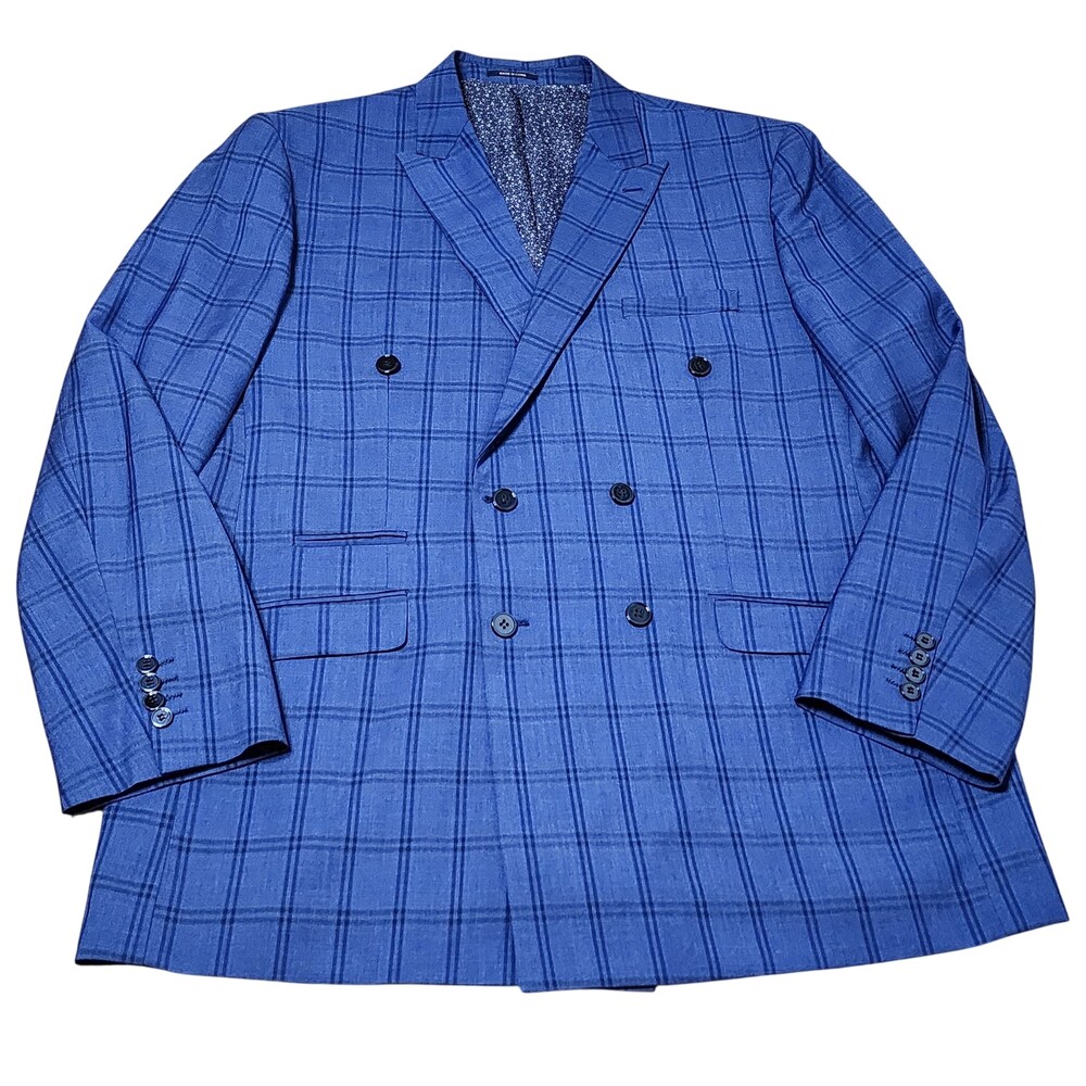 Studio Ferera Suit Jacket Mens 50L Blue Plaid Double Breasted Classic Fit Blazer